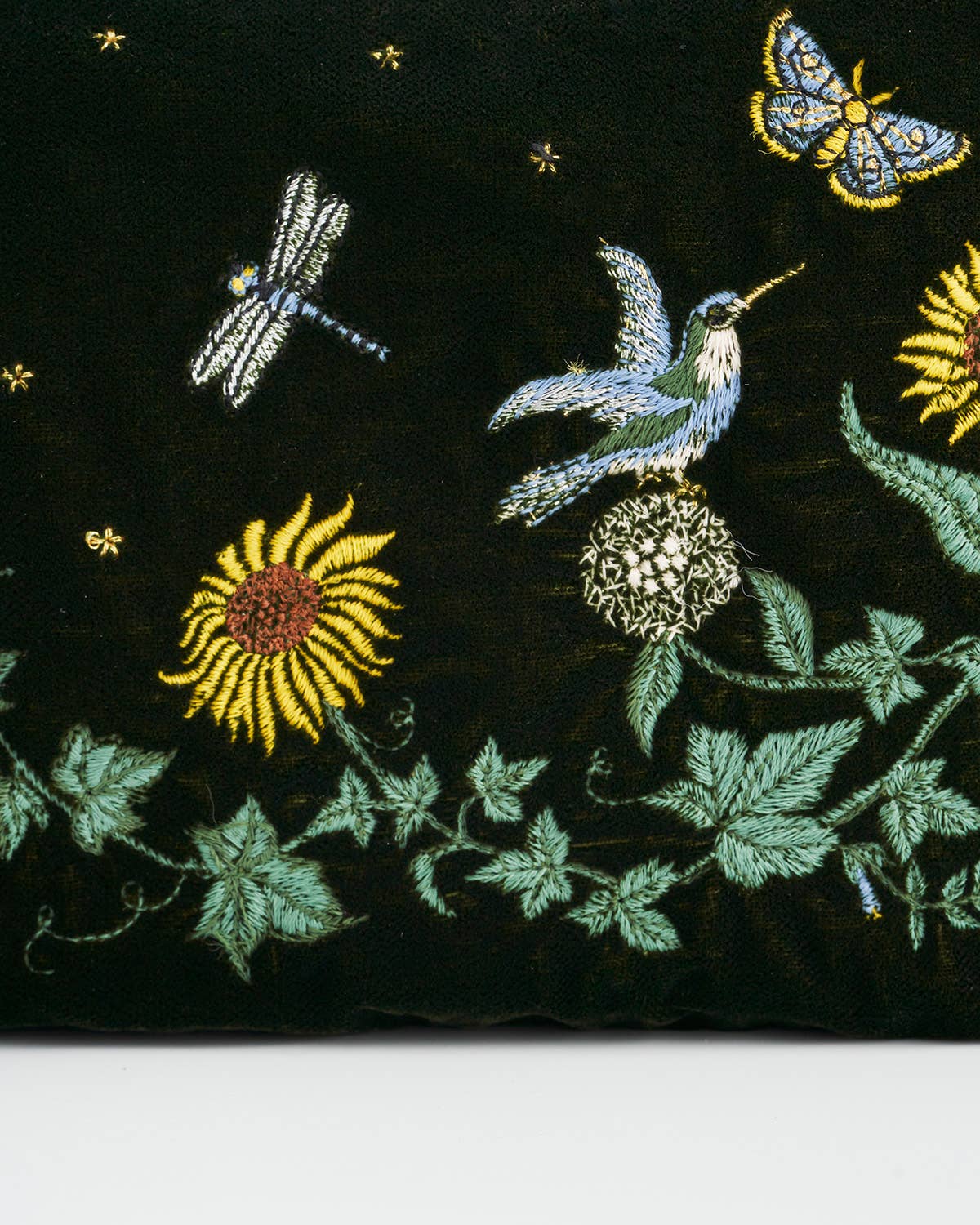 Fable England - Sunflower Green Velvet Embroidered Pouch