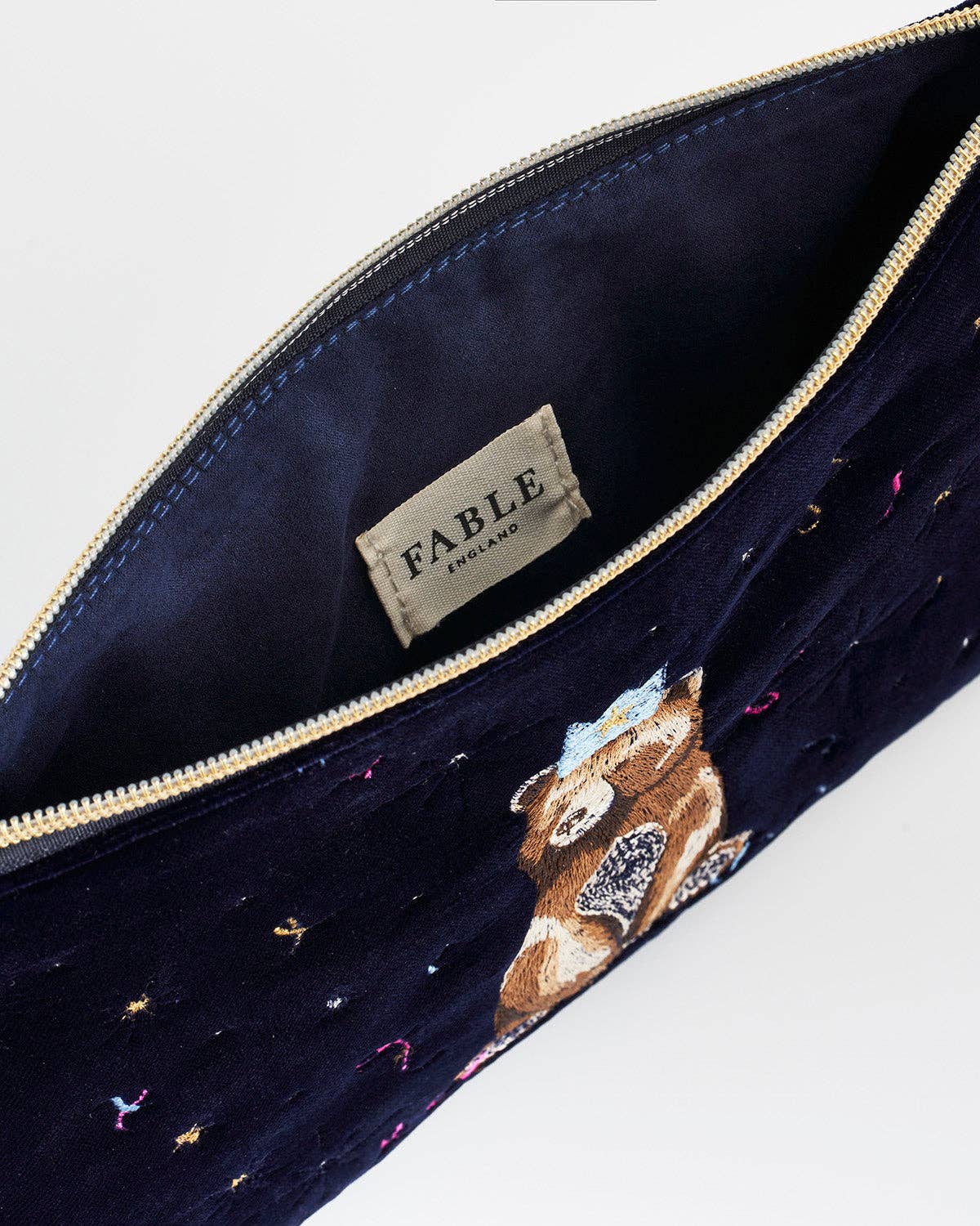 Fable England - Party Bear Embroidered Blue Medium Pouch
