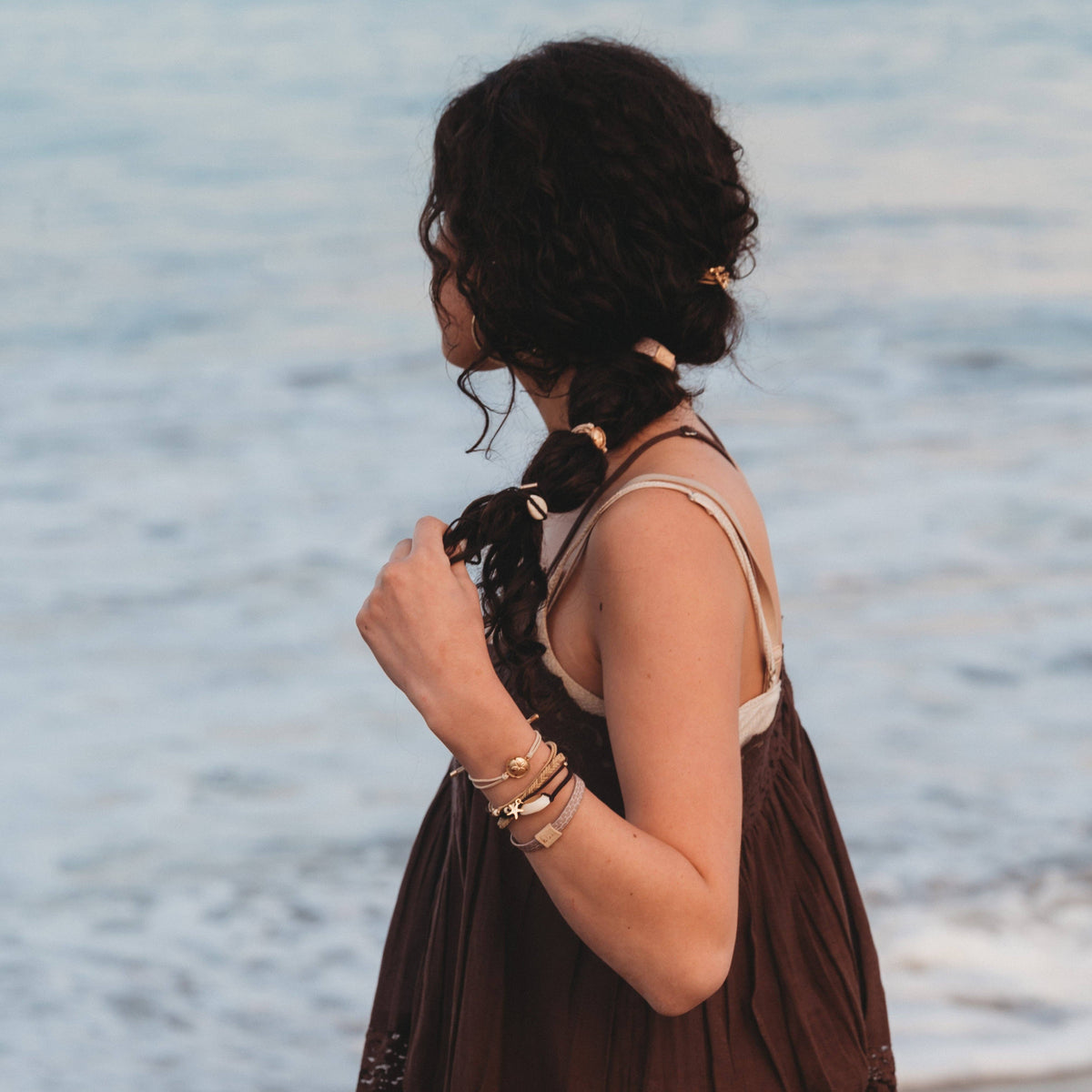 K'lani hair tie bracelets - "Radiant" Seashell Theme in Cream & Black Hair Tie Bracelets: Medium