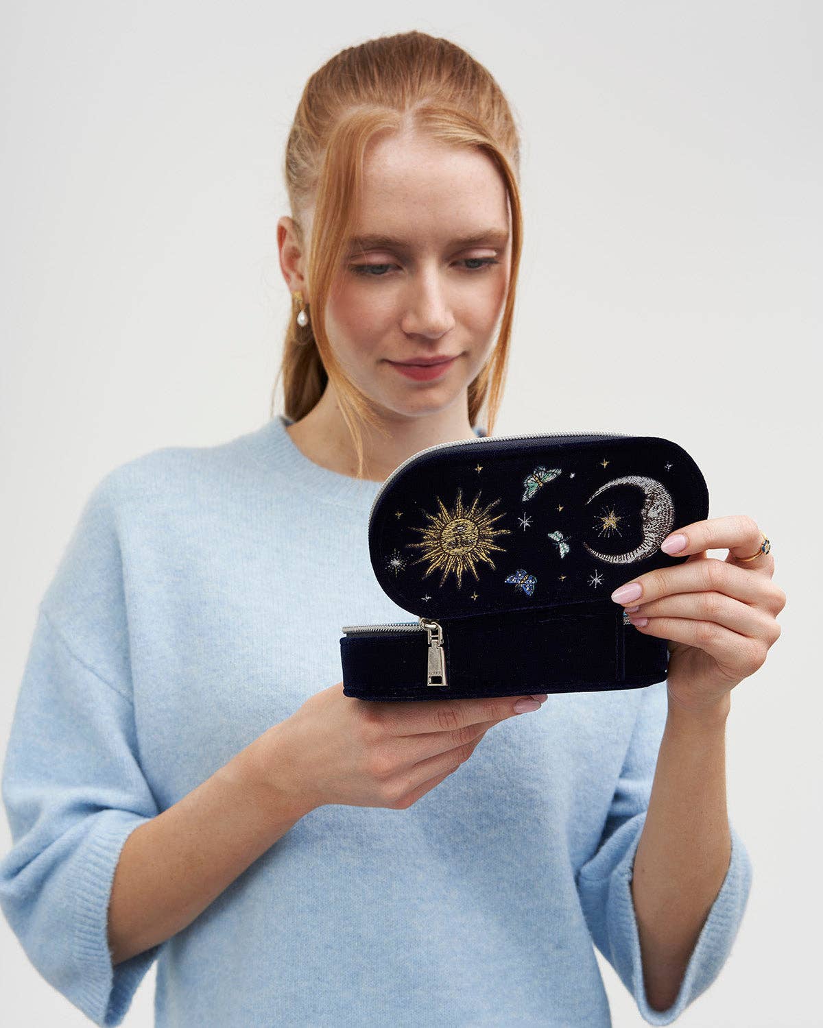 Fable England - Night Sky Embroidered Oval Jewelry Box in Navy Velvet