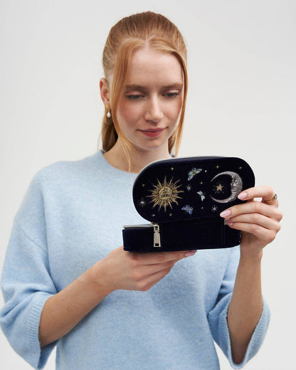 Fable England - Night Sky Embroidered Oval Jewelry Box in Navy Velvet
