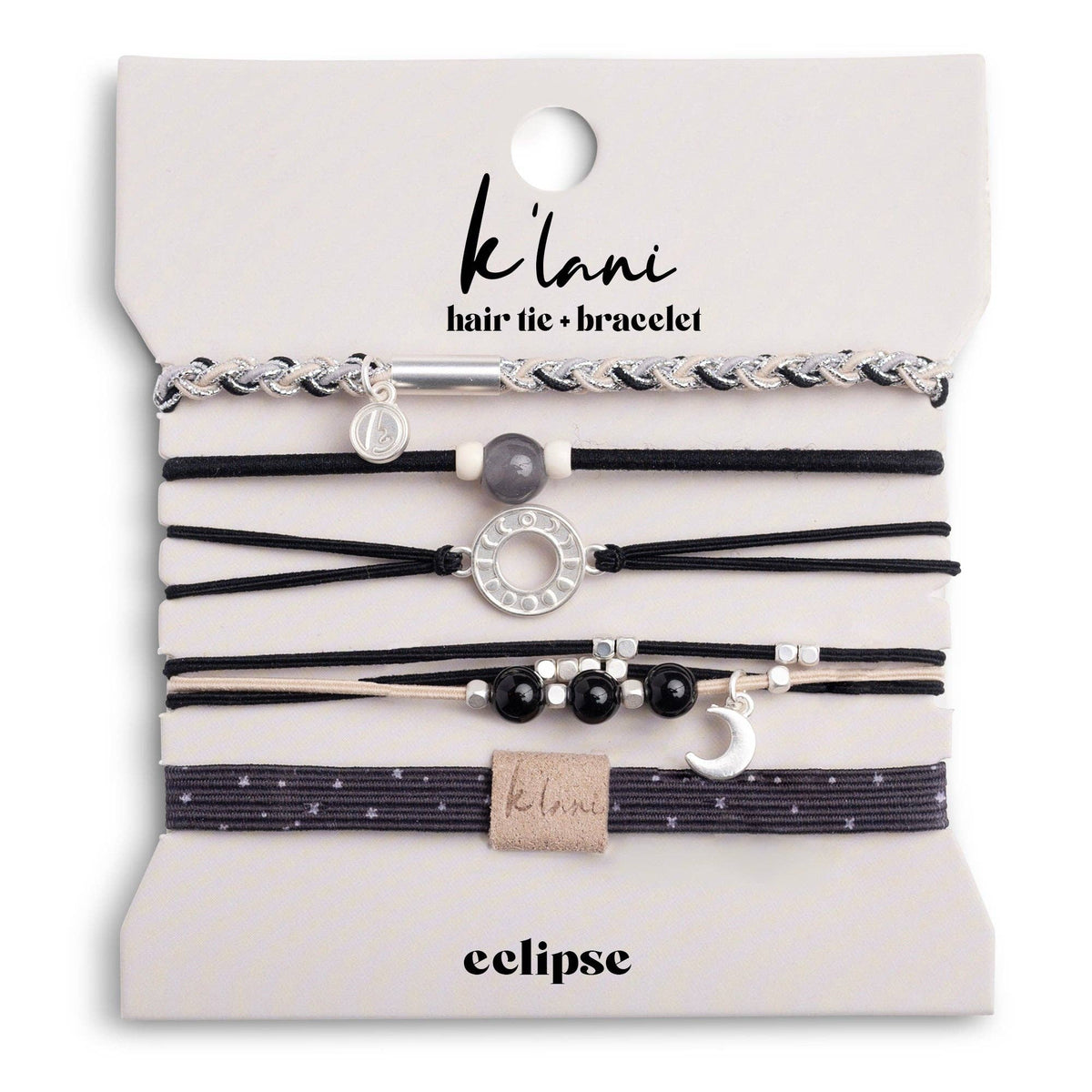 K'lani hair tie bracelets - "Eclipse" Black, White & Grey with Silver Metallic & Moon Accent Hair Tie Bracelets: Medium