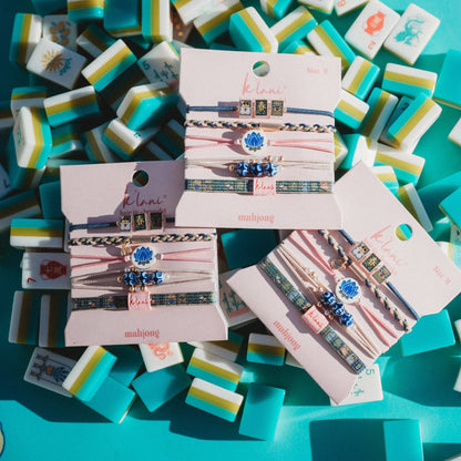 K'lani hair tie bracelets - "Mahjong" Themed in Pink, Green & Blue with Lotus & Tile Accent Hair Tie Bracelets: Medium