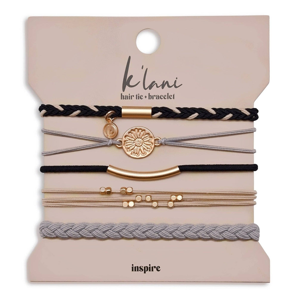 K'lani hair tie bracelets - "Inspire" Grey & Black with Gold Flower Accent Hair Tie Bracelets: Medium