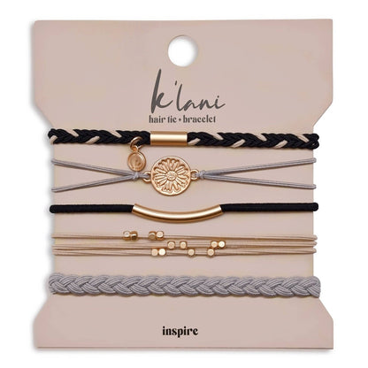 K'lani hair tie bracelets - "Inspire" Grey & Black with Gold Flower Accent Hair Tie Bracelets: Medium