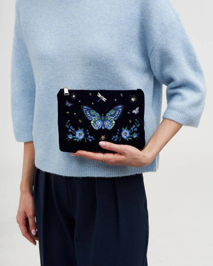 Fable England - Butterfly Embroidered Pouch in Navy Velvet