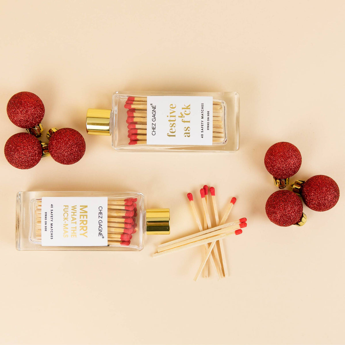 Chez Gagné - Festive As F*ck - Glass Bottle Matches, Christmas Gift, Red