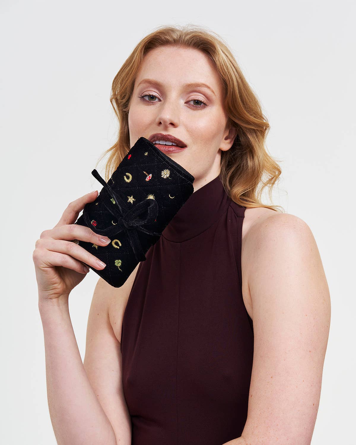 Fable England - Black Quilted Motif Velvet Embroidered Jewellery Roll
