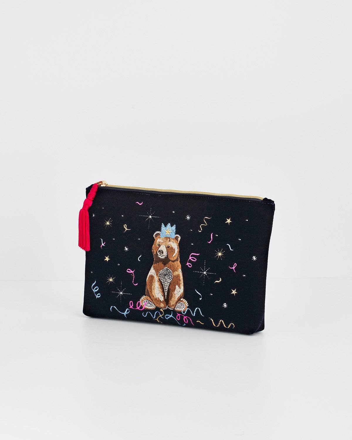 Fable England - Party Bear Embroidered Blue Medium Pouch