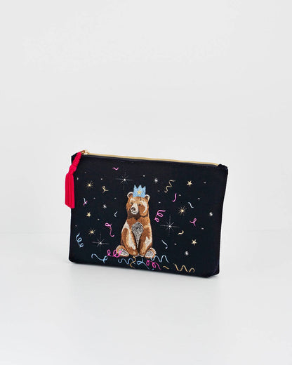 Fable England - Party Bear Embroidered Blue Medium Pouch