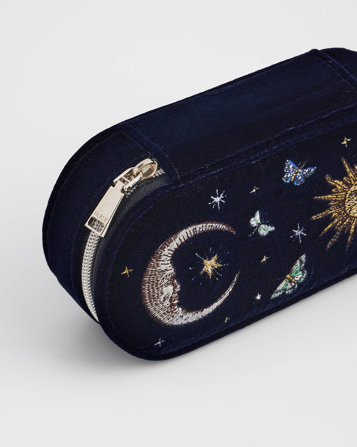 Fable England - Night Sky Embroidered Oval Jewelry Box in Navy Velvet