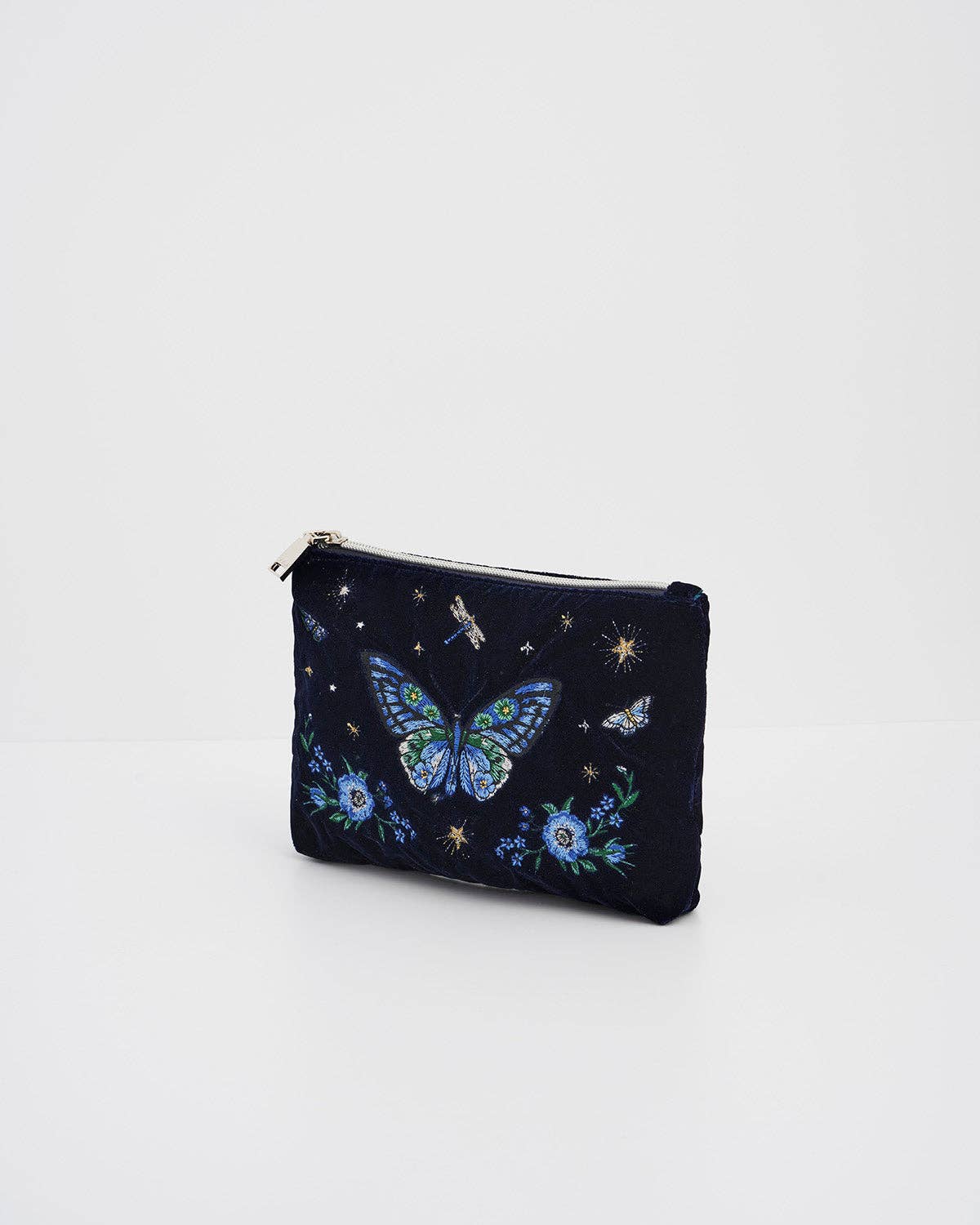 Fable England - Butterfly Embroidered Pouch in Navy Velvet